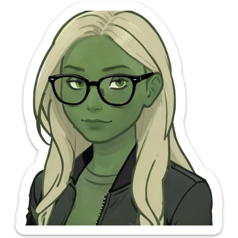 girl with black jacket , blonde hair long , and black glasses  sticker