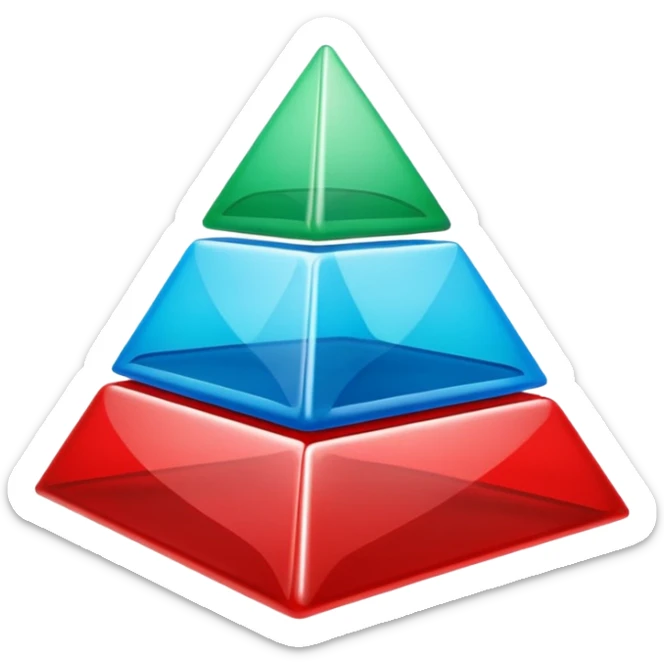 “Cute 3D cartoon emoji sticker of a pyramid made from glossy plastic glasses (blue, green, red). Soft lighting, smooth shadows, playful look, glossy plastic texture, white sticker outline, transparent background, high resolution.” sticker