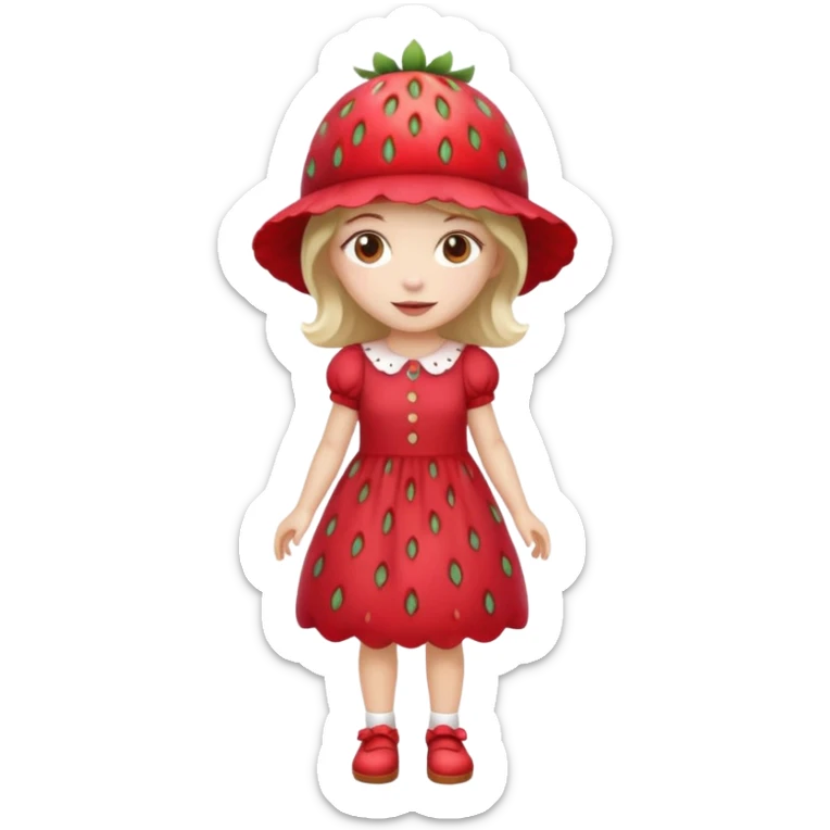 Strawberry shortcake human girl full body and legs with a strawberry hat on her head and dress without a cake sticker