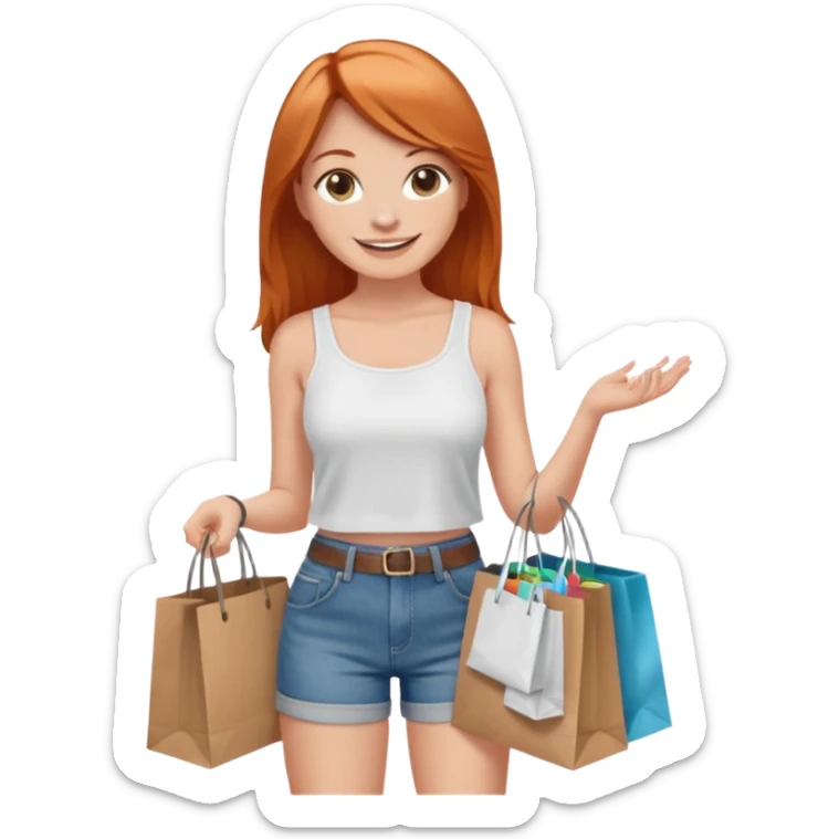 Mujer joven blanca de contextura media sonriendo con ojos chinos con cabello largo cobrizo vestida con top blanco y short de jean con bolsas de compras de ropa sticker