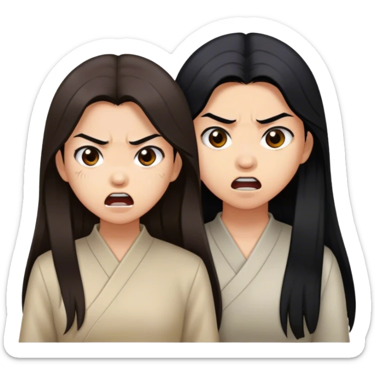 two asian girls angry with long brown hair and long black hair sticker