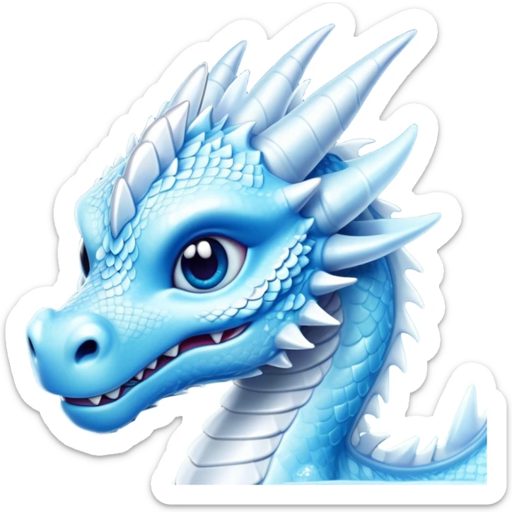 Cinematic Cute Beautiful Ice Dragon Portrait Emoji, Head tilted playfully and inquisitively, featuring a sleek, glacial form with intricately detailed, frost-kissed scales in shimmering blues and sparkling silver, accented by delicate ice crystal patterns and a gentle, enchanting glow; rendered with lifelike clarity and soft, natural light, high shine, charming and cool, styled with a touch of wintry fantasy, soft glowing outline, capturing the essence of a mischievous yet endearing ice guardian poised to twirl playfully into your dreams! sticker