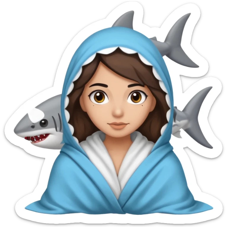 Egyptian-haired girl with black eyebrows, brown hair, Iranian descent, wearing a shark costume with a blanket. sticker