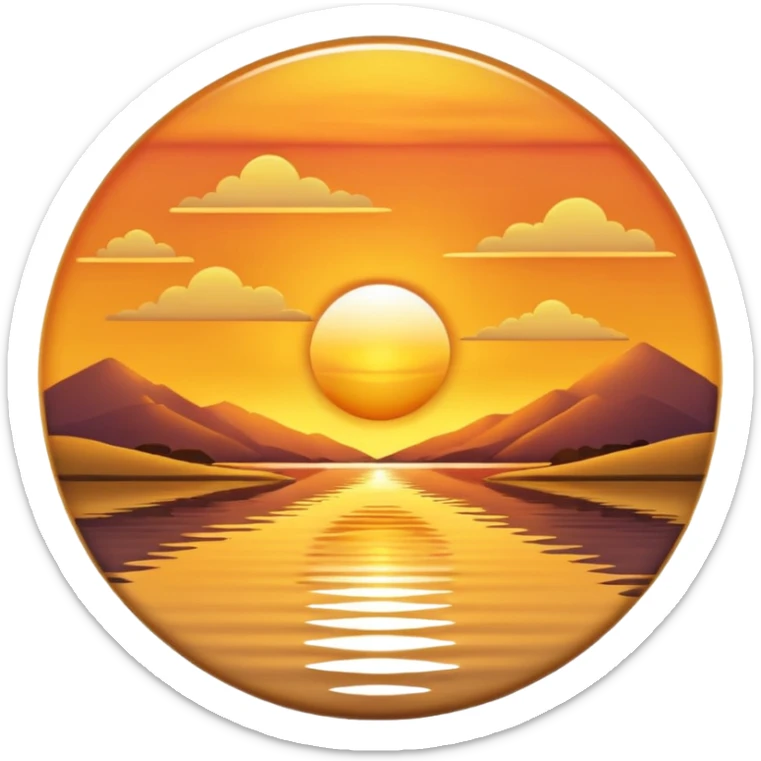 A 3D cartoon sunset over an estuary, golden reflection on calm water, scenic and peaceful, Memoji-style. sticker