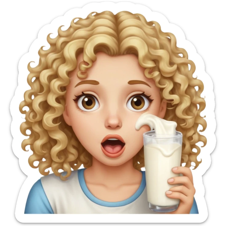Girl with dirty blonde highlights on the end hair curly rolling her eyes all the way back with her mouth open and milk on her cheeks sticker