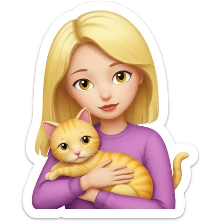 Sarışın elinde kedi olan ve hafif ruj ve rimel sürmüş sarı kedisine sarılan bir kız sticker