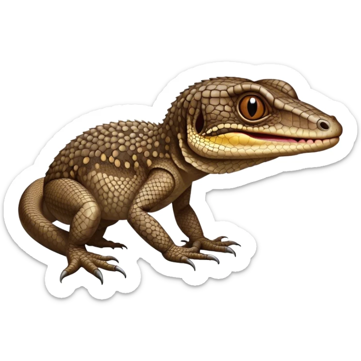 Cinematic Comical brown camo spotted monitor Lizard Portrait Emoji, Head tilted dramatically with an exaggeratedly shocked expression, featuring a robust, patterned body with wide, comically expressive eyes full of humorous disbelief, Simplified yet hilariously expressive features, highly detailed, glowing with a slightly sassy glow, high shine, dramatic yet playful, stylized with an air of quirky reptilian attitude, soft glowing outline, capturing the essence of a meme-worthy brown camo spotted monitor lizard that looks ready to side-eye its way into viral fame! sticker