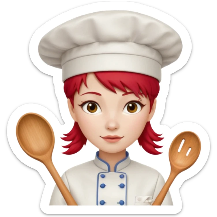 A woman with red Chinese hair and a chef's outfit, chef's hat and a wooden spoon sticker