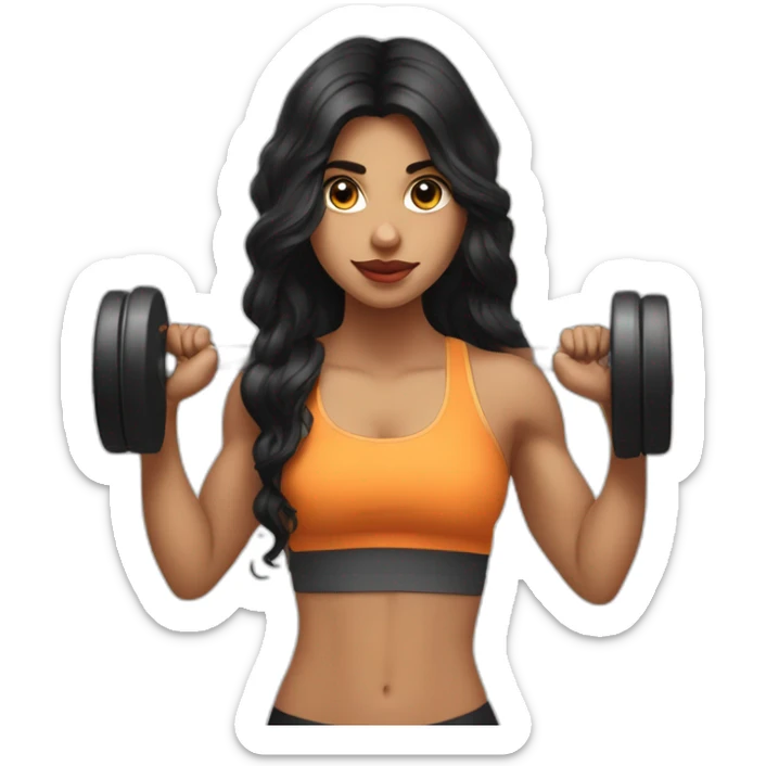 A think Indian girl with long black wavy hair, big lips and eyes, and fair skin, lifting weights at the gym sticker