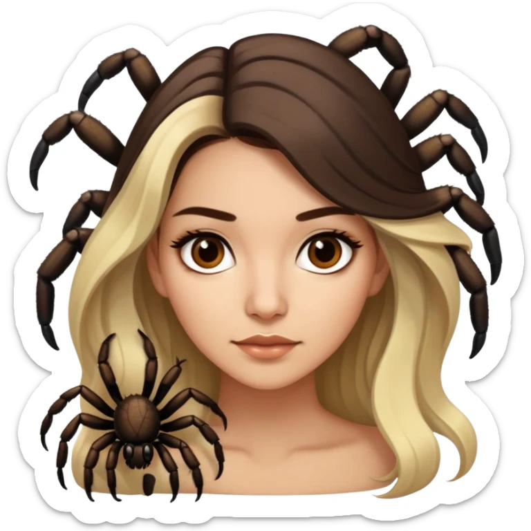 Attractive Mexican woman in her 20s with dark brown hair with a blonde ends, with a tarantula sticker
