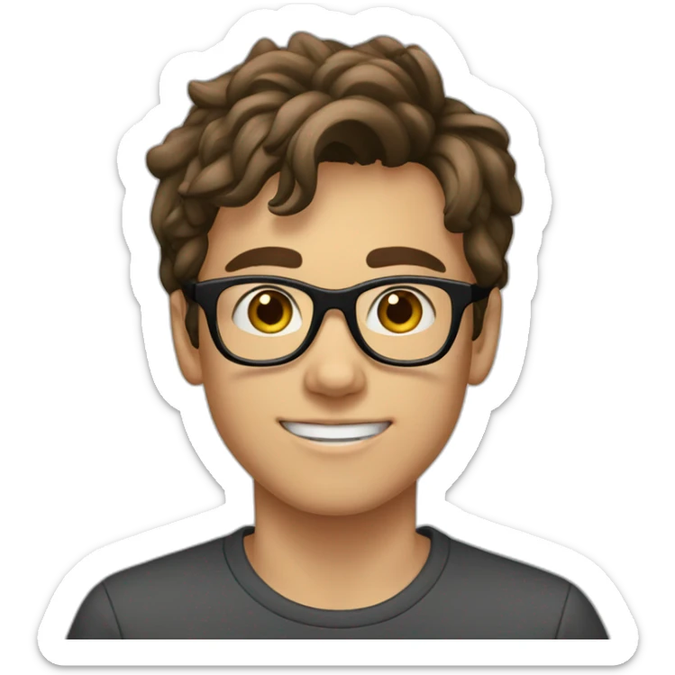A 15 year old boy with brown hair, brown eyes and black glasses sticker