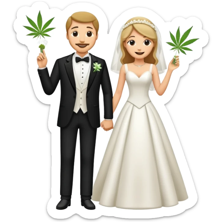 Full body view of bride in white dress and groom in tuxedo sharing a cannabis joint, cheerful cartoon wedding couple standing together sticker