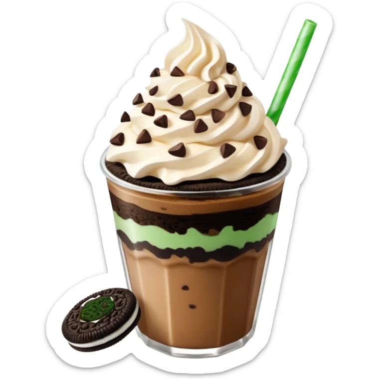 Vaso de vidrio con Frappé color café, crema en la parte superior con popote verde insertado en la crema, agregar encima de la crema chispas de chocolate y una galleta redonda color café oscuro tipo Oreo. sticker