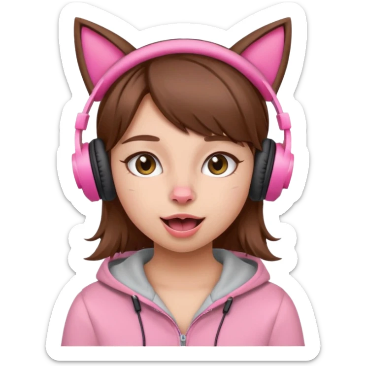 une fille avec des écouteursde chat rose et des cheveux brun qui fais une grimasse sticker