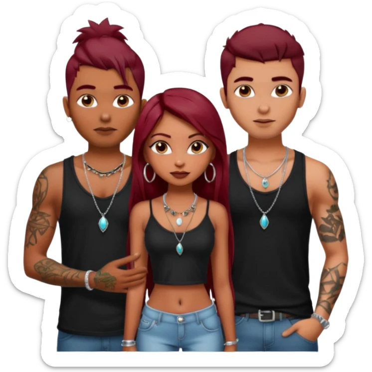 a pretty bratz fair indian girl with dark red straight hair, black cami top, silver dainty necklaces, rings, hoops, tattoos standing with two handsome lean but muscled guys sticker