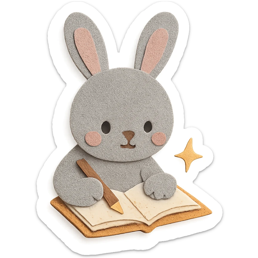 highly detailed, high quality paper craft style illustration of a gray bunny writing in a notebook with a spark of light, intricate textures, soft lighting, delicate cut-paper details sticker