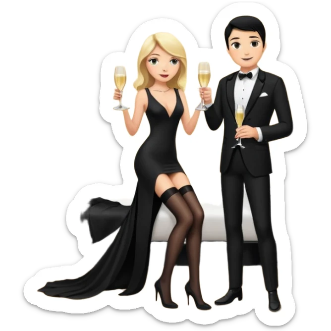 Blonde woman, black, Long, tight, sleveless Dress, Slot left Leg, stockings, man, DARK Hair, in Dinner jacket, Background bedroom, drinking champaign sticker