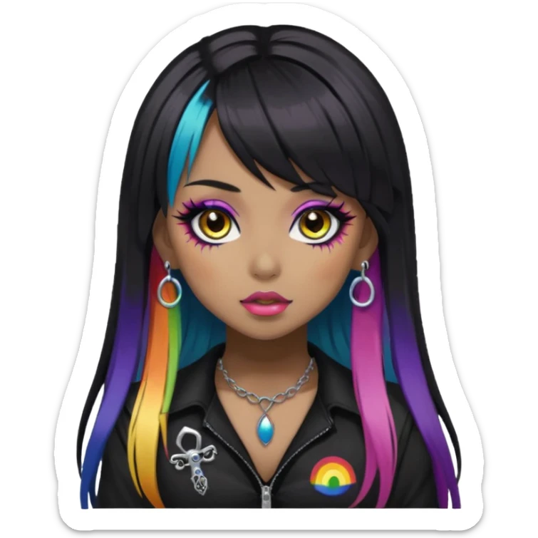 hime gyaru girl,  brown skin long black hair with rainbow fringe, tattoos, dark makeup, goth grunge clothes sticker