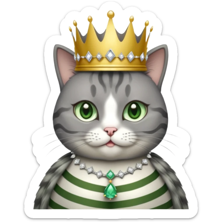 Gatito gris oscura con rayas negras ojos verdes vestida de reina con coronas y diamantes, más peluda y gordita  sticker