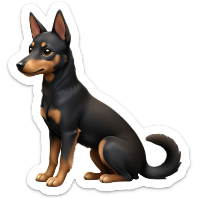 cinematic-[australian kelpie]-detailed realistic-full-body-sitting-emoji,-tail-resting-loosely-beside-its-paws,-head-tilted-dramatically, -sleek-[Black and tan]-fur,-simplified-yet-realistic-focused-features,-highly-detailed,-glowing-with-an-almost-sarcastic-glow sticker
