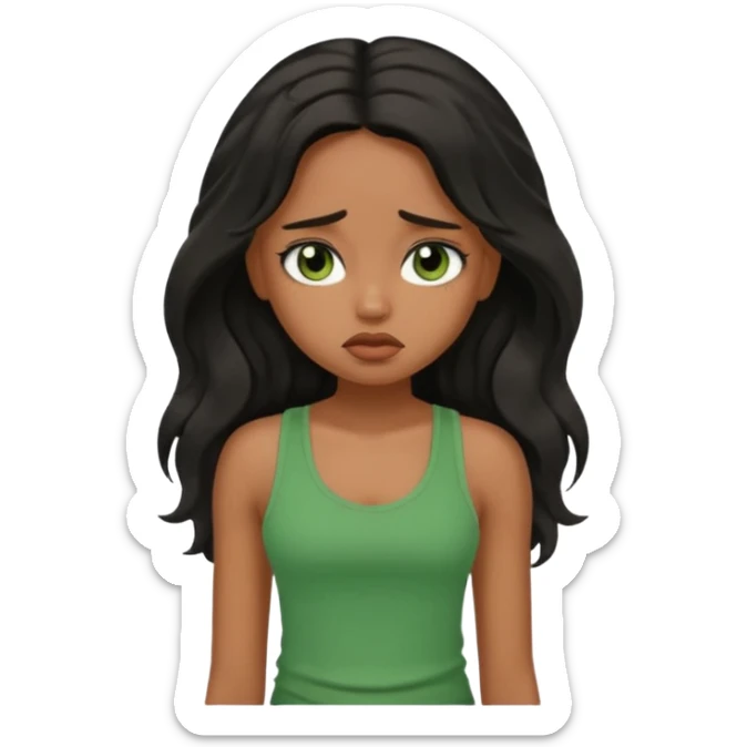 a pretty bratz brown girl with long wavy black color hair, brown eyes and green tank who is depressed and sad sticker