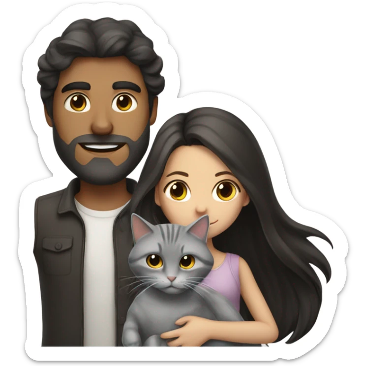 man with long dark hair and brunette girl with grey cat in her arms sticker
