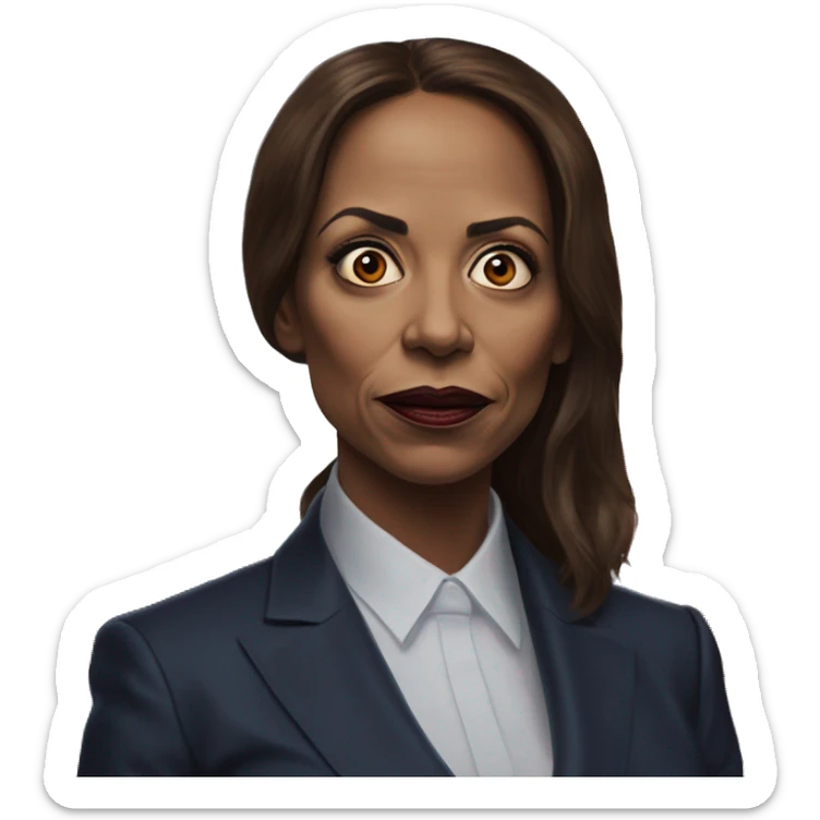 US president Kamala in Marvel Avenger style, oil paint, mysterious eyes, intricate lips, masterpiece portrait, odd perspective, beautiful, desirable, logical, midsommar, ikea sticker
