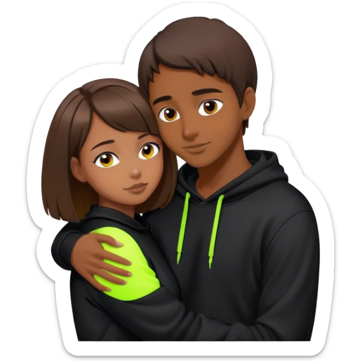cyberpunk a girl with brown hair, a bob haircut, hugs a guy by the neck, both in black hoodies with neon sticker