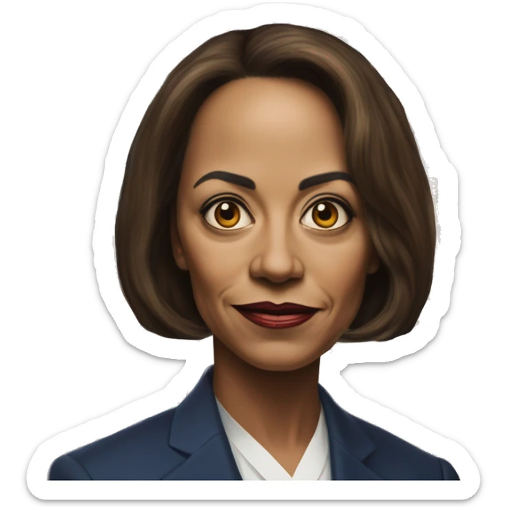 US president Kamala in gamer style, oil paint, mysterious eyes, intricate lips, masterpiece portrait, odd perspective, beautiful, desirable, logical, midsommar, ikea sticker