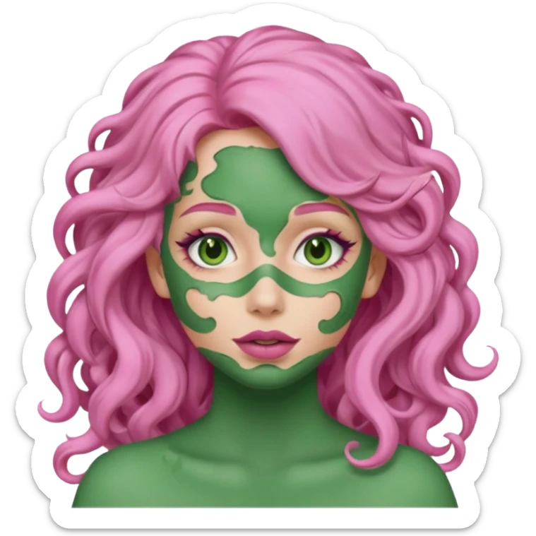 pink haired very long curly haired woman with full full face green clay mask sticker
