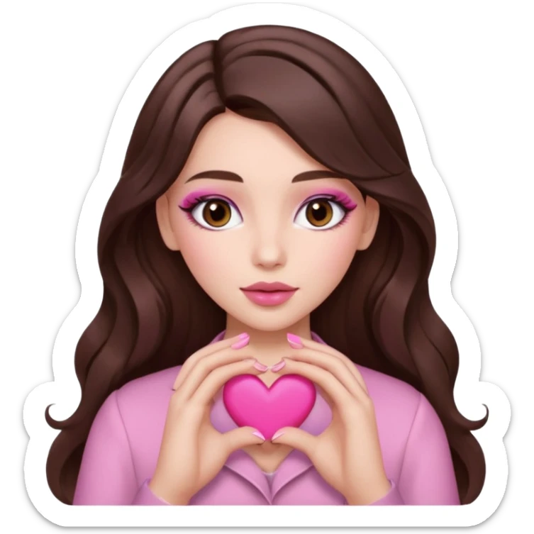 Pink and brown emoji, love emoji inspired with brunette hair, brown eyes, long hair, heart shape lips and pink make up making a heart with her hands and pink nails, mauve pink blush sticker