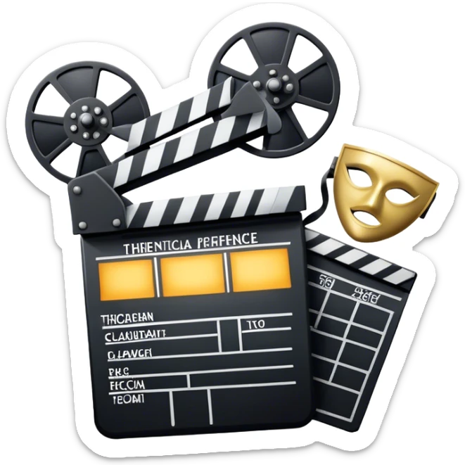 Icon for Acting in Theater and Movie: a stage with a spotlight and cinema, a film camera, a clapperboard and a dramatic mask. The design should represent both theatrical performance and cinematic art. Transparent background. sticker