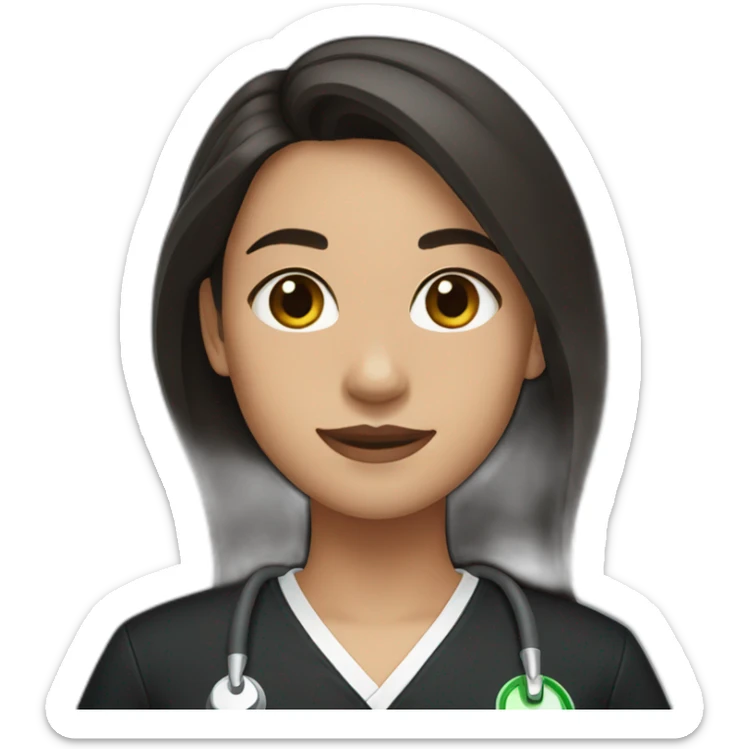 girl with middle part and long dark brown hair in black scrubs sticker