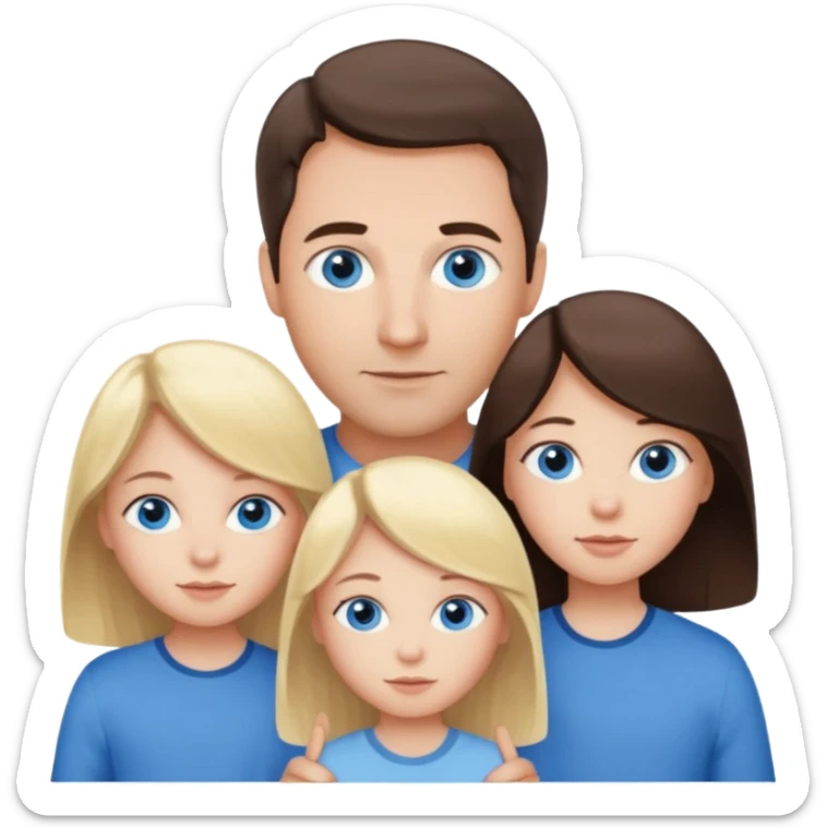 Family portrait with father with dark brown hair and blue eyes, mother with light brown hair and blue eyes, three blonde little girls with blue eyes sticker
