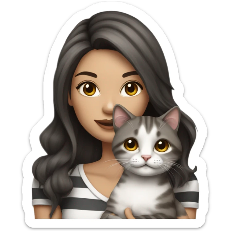 Beautiful dark brown haired tattooed woman holding gray and white striped long hair cat sticker