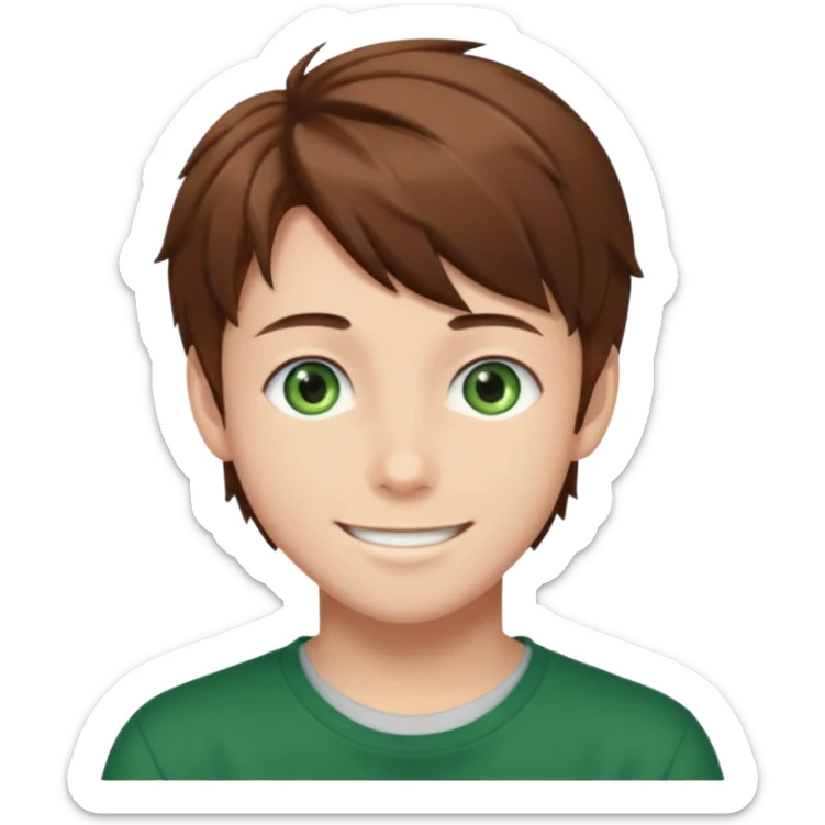 the face of an Anime teen boy with brown hair, green eyes, looking smiling slightly sideways positioned. Face must be main filling of the emoji.  128px sticker