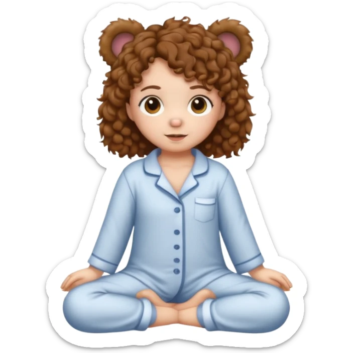 brown eyes, brown curly hair, white skin, full body in cute pijama bear sticker