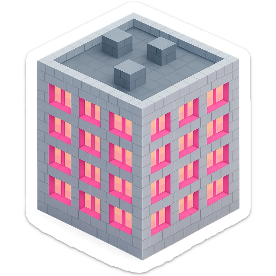 Russian panel apartment building, compact square block, light gray, pink glowing windows, isometric view sticker