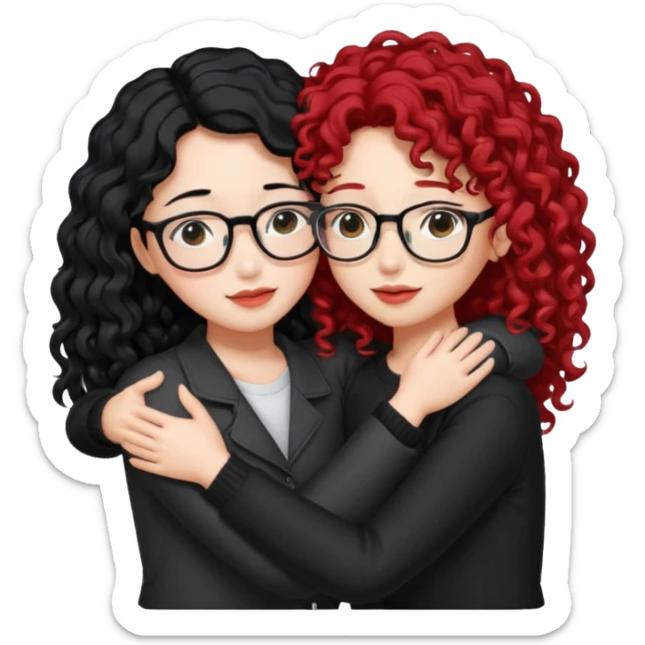 une star de Kpop asiatique avec les cheveux noir  qui fait un câlin a une fille qui a des lunette et des cheveux rouge et bouclé  sticker