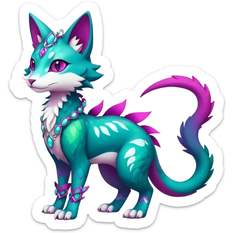 Kawaii cute colorful iridescent deep-dark-turquoise-green and magenta and white beautiful pretty elegant divine edgy feline-vernid-sergal-Fakémon-Pokémon-fursona-animal-creature with accessories, full body, with intricate detailed markings sticker