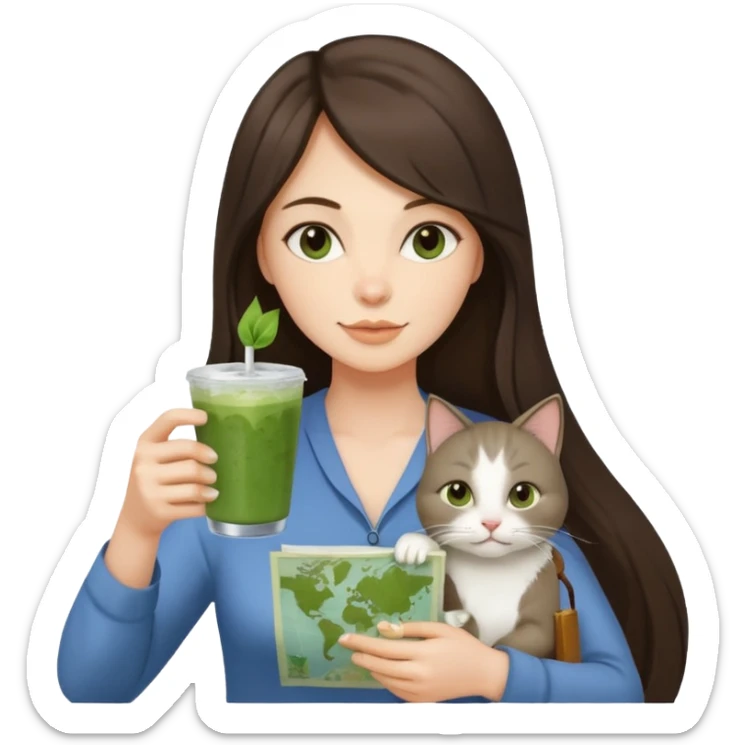 a brunette woman with long hair in here 30S drinking an iced matcha, carrying a grey cat and a map of the world sticker