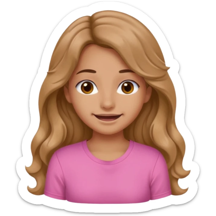 A pretty girl with tan skin and long wavy hair, wearing a pink basic shirt with brown eyes and a closed mouth smile sticker