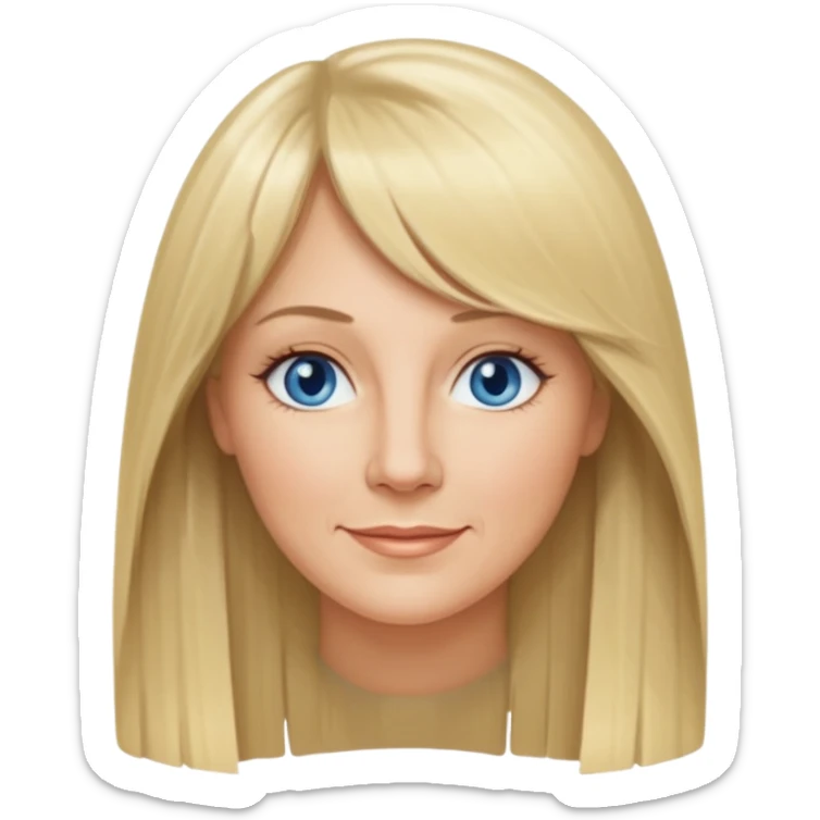 45 yr old white woman, curtain bangs, very long straight blond hair, oval face, small smile, blue eyes, thin face, hair down to elbows sticker