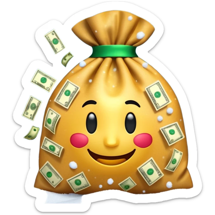 3D emoji style, money bag with dollar bills, New Year theme, snow particles, festive lighting, rich vibe, high detail, transparent background

 sticker