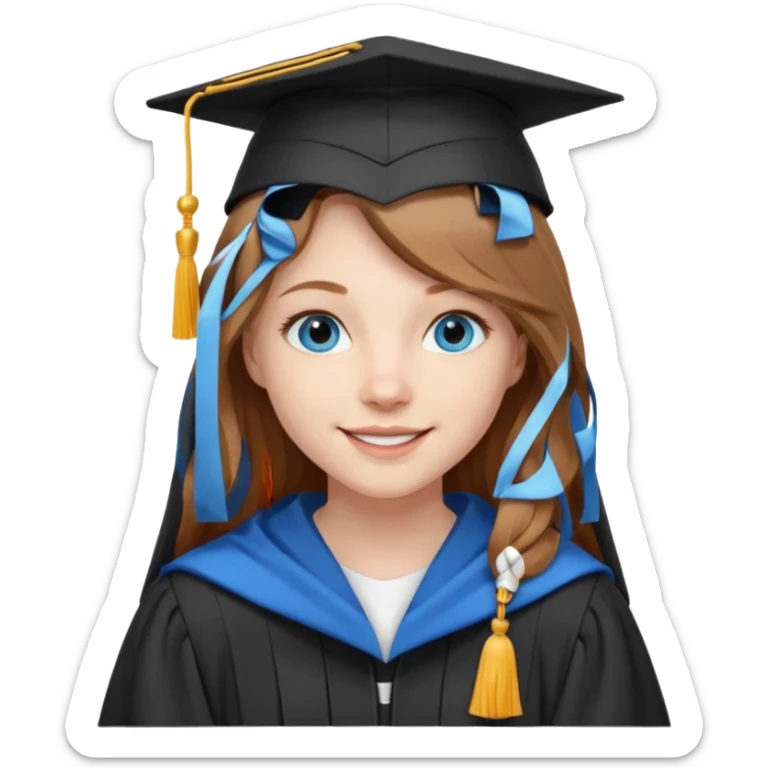 light brown haired girl with long hair, blue eyes, pale skin, wearing graduation regalia with white hood, smiling sticker