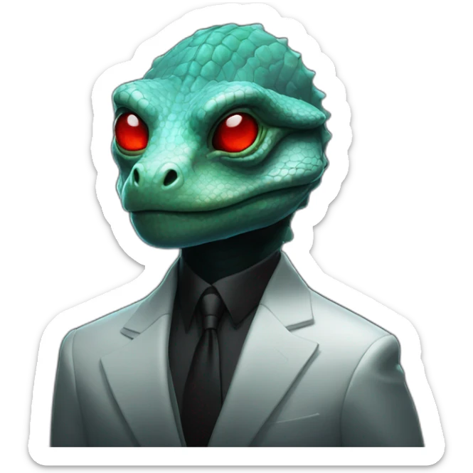 Aquamarine Reptilian with red lasers from the eyes in black suite in a black space sticker