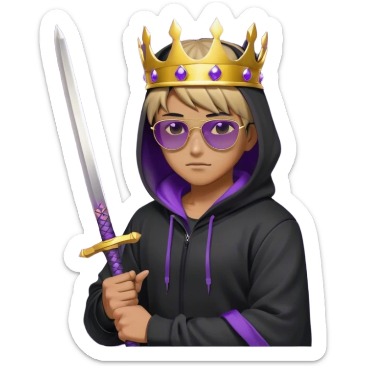 A stylish anime warrior wearing a black hoodie, golden crown, and sunglasses, holding a katana with a glowing purple background. sticker