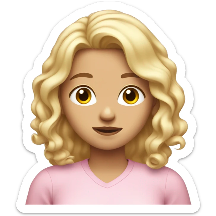 blonde girl with shoulder length wavy hair doing an i don't know pose wearing a light pink shirt  sticker