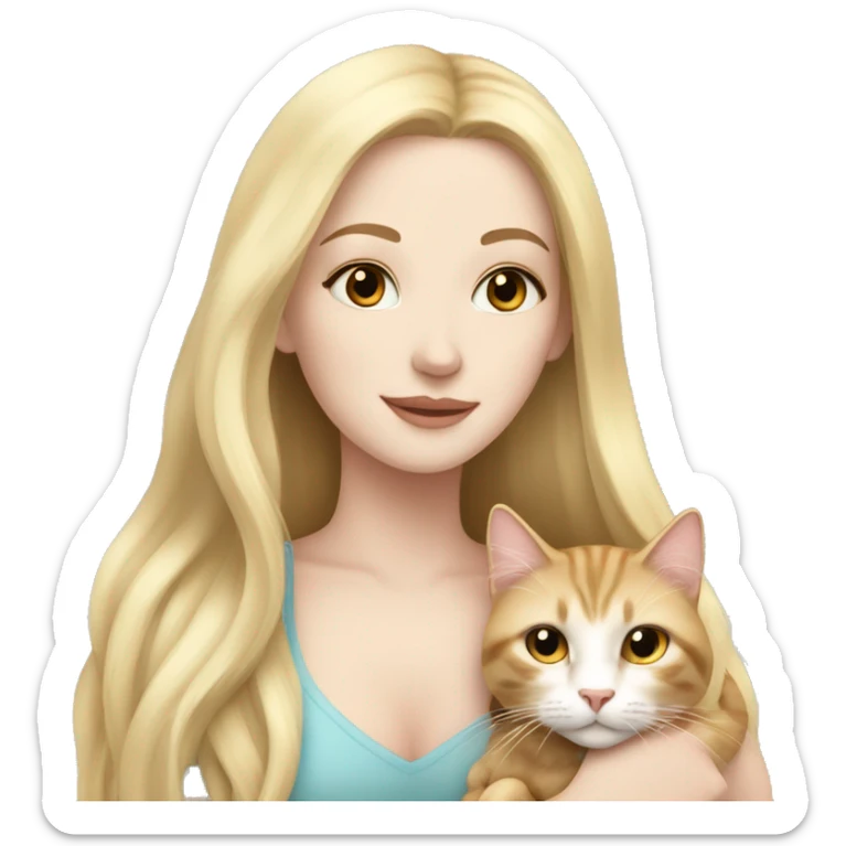 pretty woman with pale skin, very long blonde hair  hugging a cat sticker