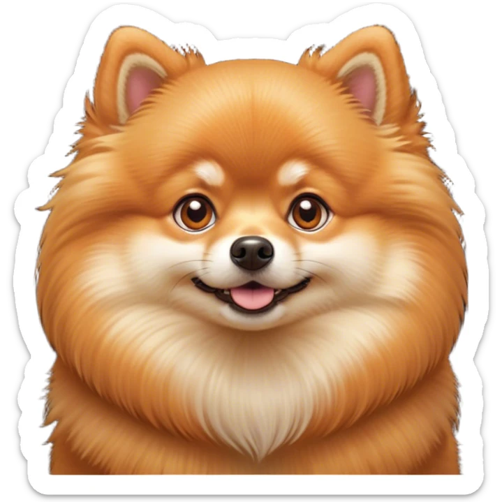 Cinematic Cute Orange Pomeranian Portrait Emoji, Head tilted playfully and inquisitively, featuring a luscious, fluffy orange Fur with a natural sheen, round, sparkling brown eyes filled with curiosity, Simplified yet irresistibly adorable features, highly detailed, glowing with a warm, friendly glow, high shine, affectionate and lively, stylized with a touch of whimsy, bright and endearing, soft glowing outline, capturing the essence of a mischievous yet loving pup, so playful it feels like it could scamper out of the screen and into your arms! sticker